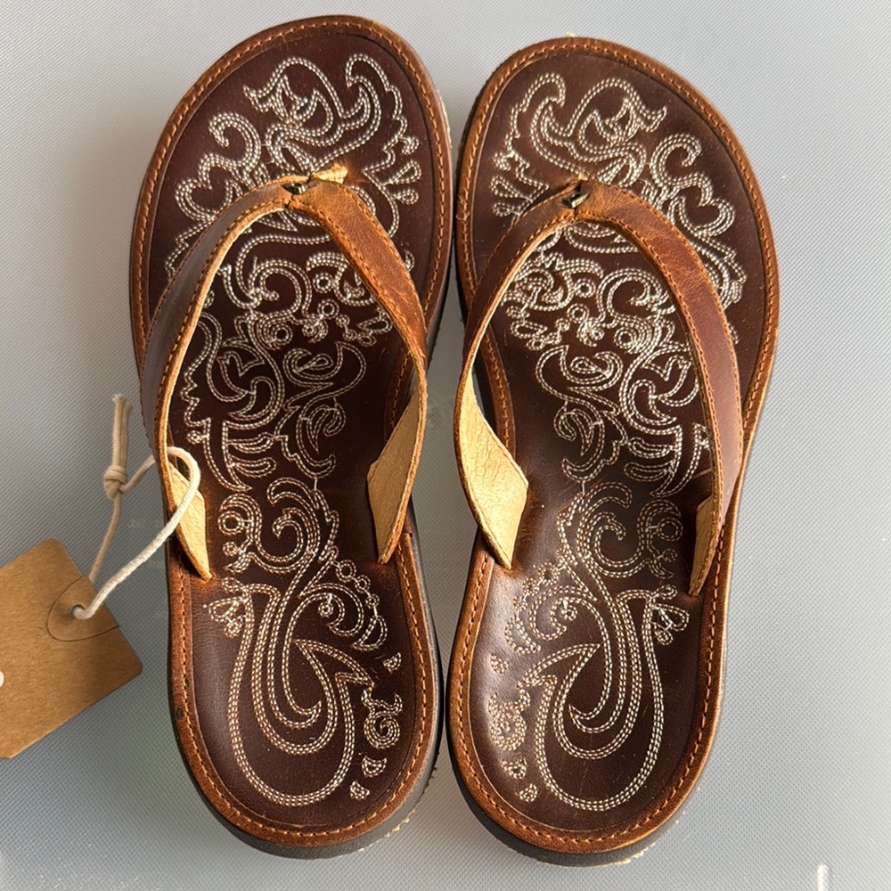 Brown Leather Flip Flops with Intricate Design